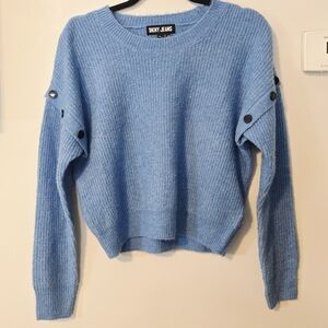 DKNY Blue Crew Neck Sweater with Button Accents Crop Waist. Size M. GUC